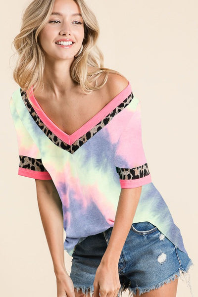 TIE DYE TOP WITH CONTRAST NECK & CUFFS